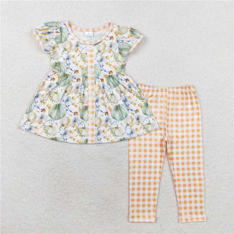 SPO1554 Pumpkin short-sleeved orange plaid trousers suit