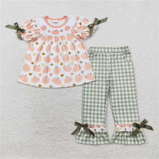 GSPO1640 Embroidered pumpkin leaves short-sleeved green plaid trousers suit