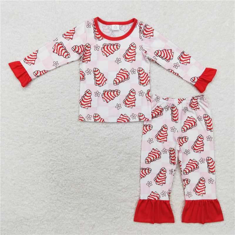 GLP1397 Modal Christmas tree biscuit flower pink and white plaid long-sleeved trousers pajamas set