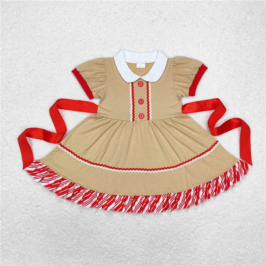 GSD1389 Christmas doll collar striped lace red belt brown short-sleeved dress