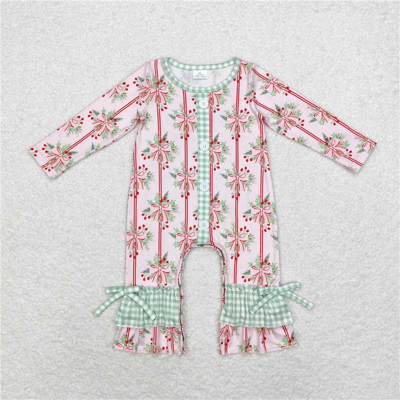 LR1544 Christmas bow pattern green plaid lace pink button long sleeve jumpsuit