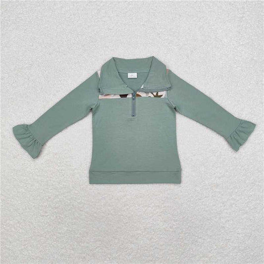 GT0669 Puppy duck camouflage lace green zipper long-sleeved top