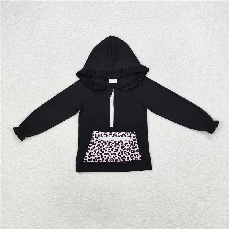 GT0624 Leopard print pocket zipper black hooded long-sleeved top