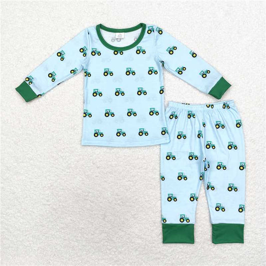 BLP0607 Modal Tractor Blue Green Long Sleeve Long Pants Pajama Set