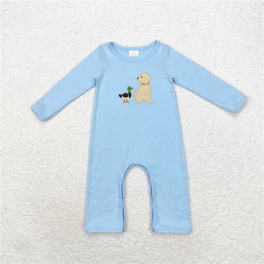 LR0994 Embroidered duck and puppy blue long-sleeved jumpsuit