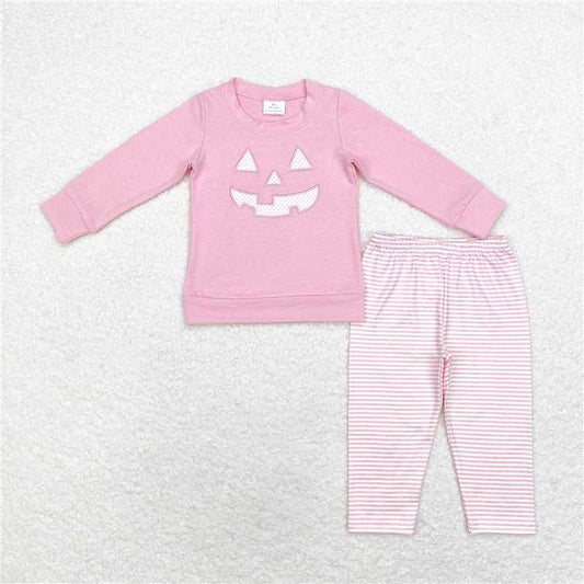 GLP1403 Embroidered Halloween smiley face pink long-sleeved striped trousers suit