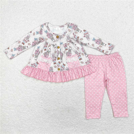 GLP1471 Christmas Nutcracker Polka Dot Lace Pocket Pink Long Sleeve Pants Set