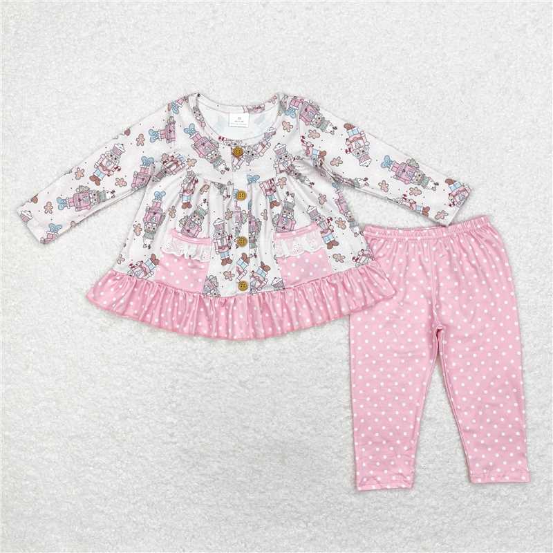 GLP1471 Christmas Nutcracker Polka Dot Lace Pocket Pink Long Sleeve Pants Set