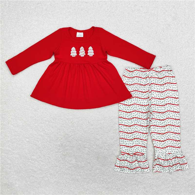 GLP1525 Embroidered Christmas tree cookie red long-sleeved striped trousers suit