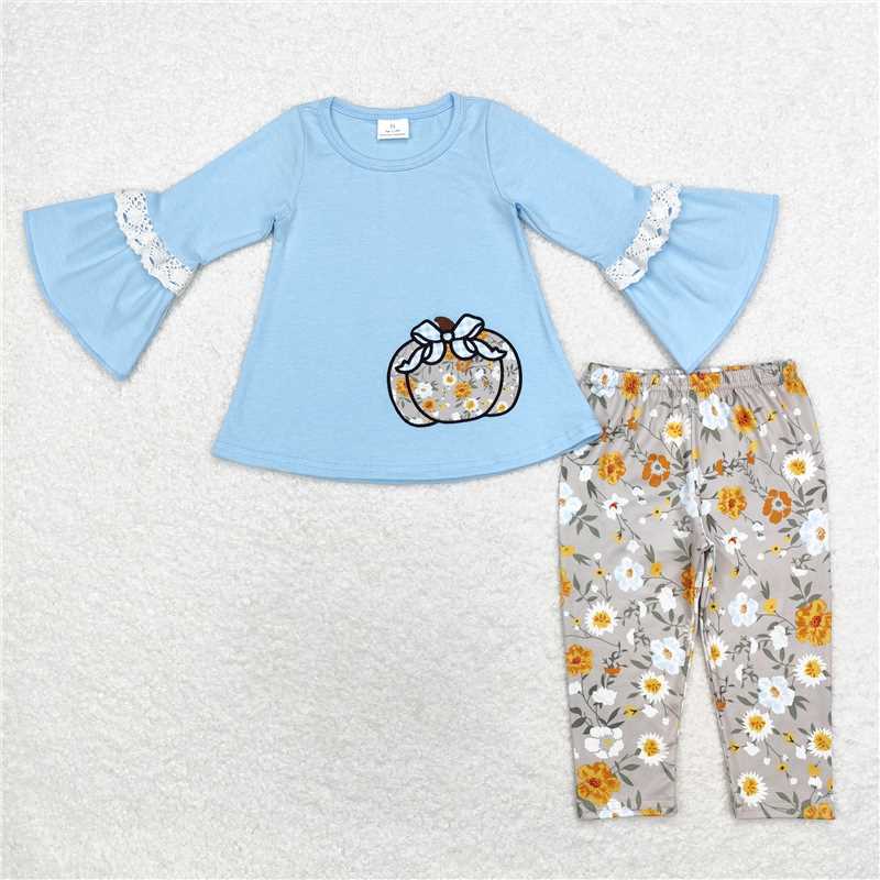 7.24 GLP1639 Embroidered bow pumpkin flower blue lace long sleeve trousers suit