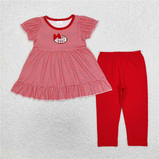 GSPO1675 Embroidered red bow rugby striped short-sleeved trousers set