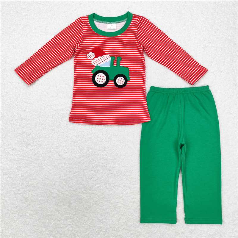 BLP0679 Embroidered Santa hat tractor stripe red long sleeve green trousers suit