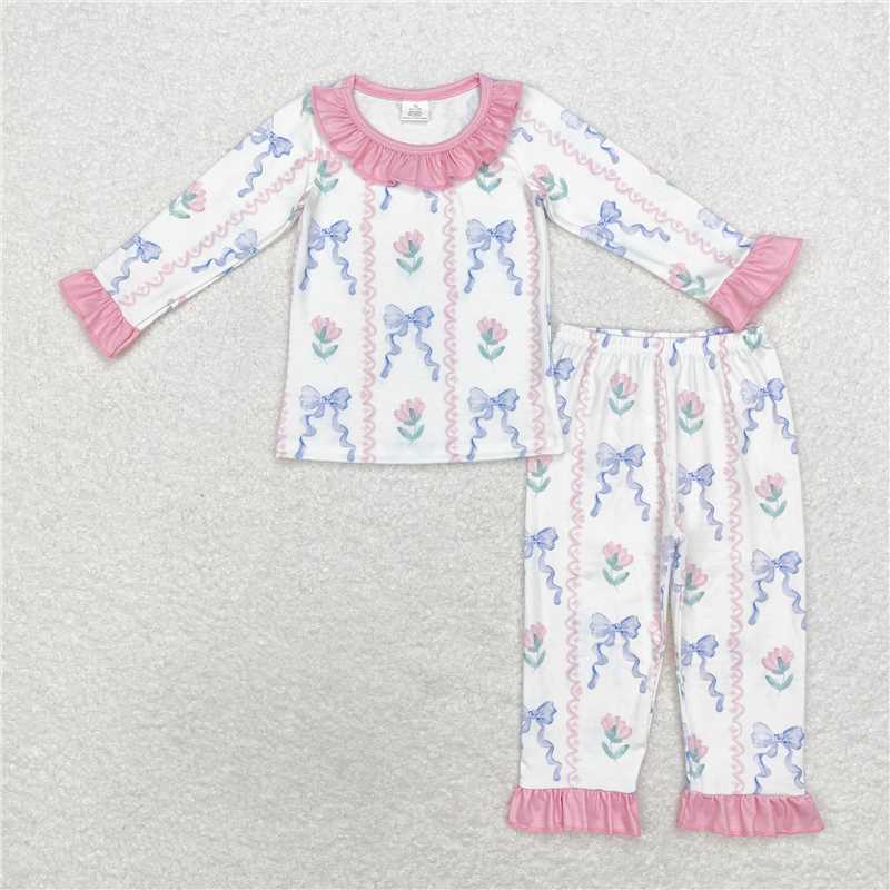 GLP1693 Modal bow pattern blue and purple lace long sleeves and long pants pajamas set