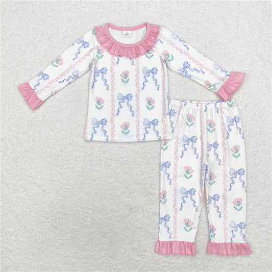 GLP1693 Modal bow pattern blue and purple lace long sleeves and long pants pajamas set