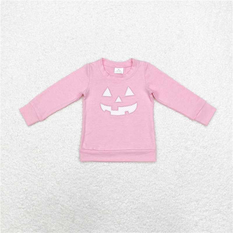 GT0717 Embroidered Halloween devil's smile pink long-sleeved top