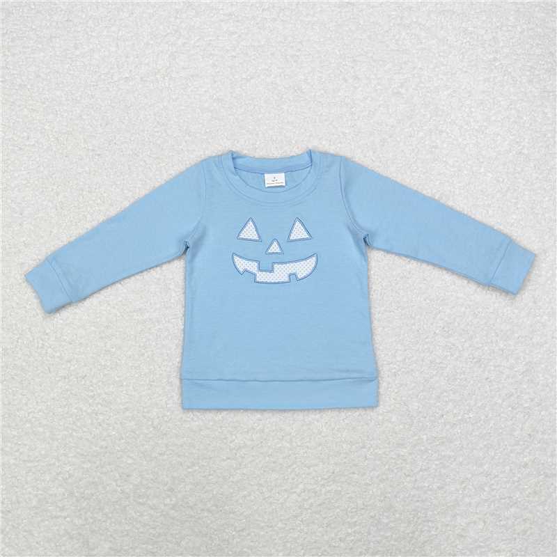 BT0832 Embroidered Halloween devil smile blue long-sleeved top