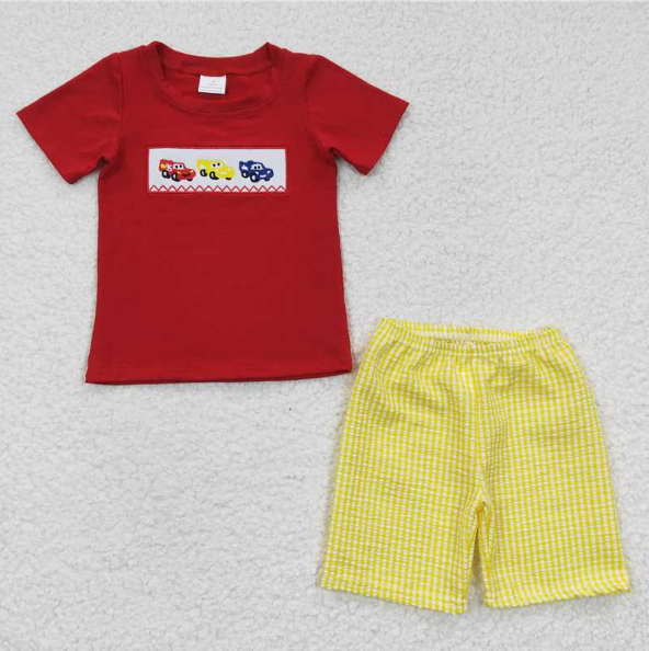 BSSO1003 Embroidered Boys Cars Red Short Sleeve Plaid Shorts Set (Pants Lined)