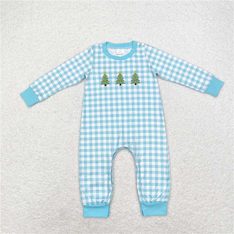 LR1366 Embroidered star Christmas tree blue plaid long-sleeved jumpsuit