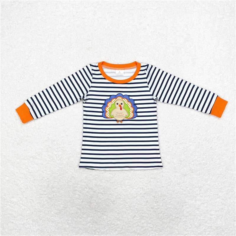 BT0818 Embroidered turkey navy blue striped long-sleeved top