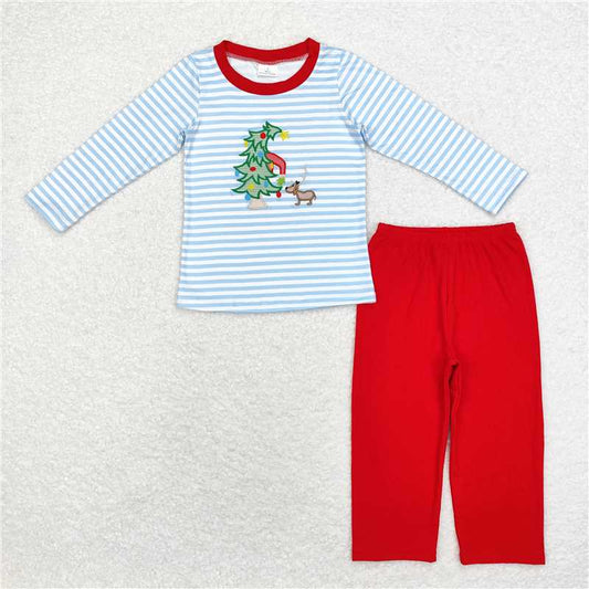 BLP0772 Embroidered Christmas tree and puppy pattern blue striped long-sleeved top and red trousers set