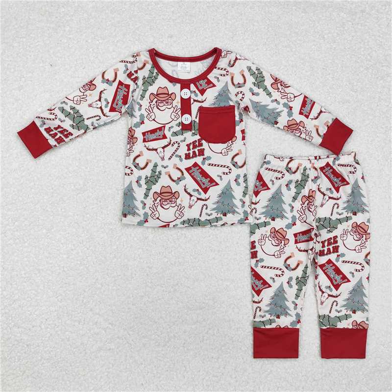 BLP0620 Modal Santa Claus Cactus Bull Head Pocket Beige Long Sleeve Long Pants Pajama Set