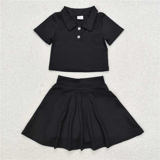 GSD1397 Solid black short-sleeved skirt yoga suit