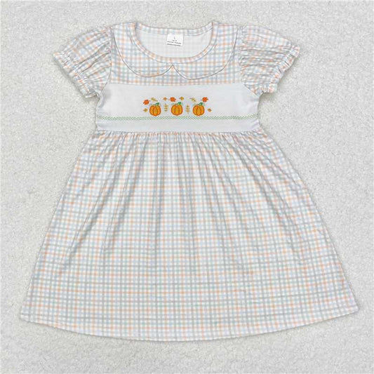 GSD1420 Embroidered pumpkin collar plaid short-sleeved dress