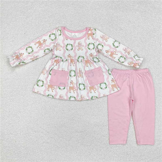 GLP1629 Gingerbread man deer wreath pocket pink and white long sleeve trousers set