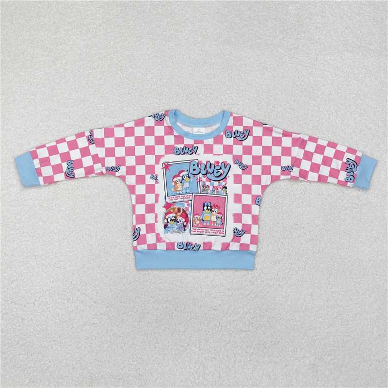 GT0732 bluey Christmas pink and white plaid long-sleeved top