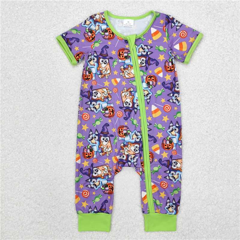 SR1803 bluey modal Halloween candy star purple green short sleeve jumpsuit