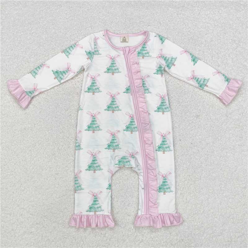 LR1518 Modal Christmas tree bow pattern pink lace white zipper long sleeve jumpsuit