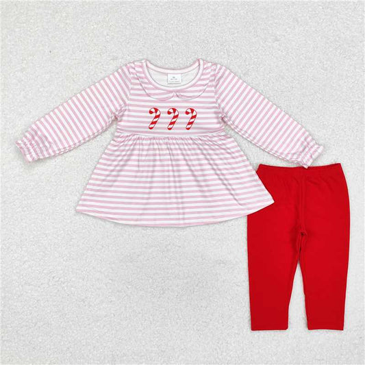 GLP1563 Christmas cane doll collar pink striped long sleeve red trousers suit