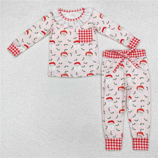 GLP1213 Modal Santa Claus red and white plaid pocket pink long-sleeved long pants pajamas set