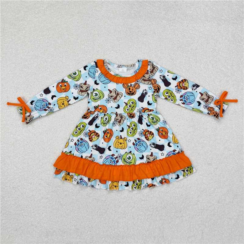 GLD0791 Halloween Monsters University orange lace blue and white plaid long-sleeved dress