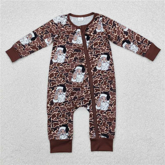 LR1820 Modal Santa Claus Brown Camouflage Zipper Long Sleeve Bodysuit