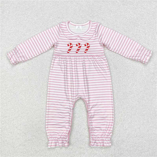 LR1441 Christmas cane doll collar pink striped long-sleeved jumpsuit