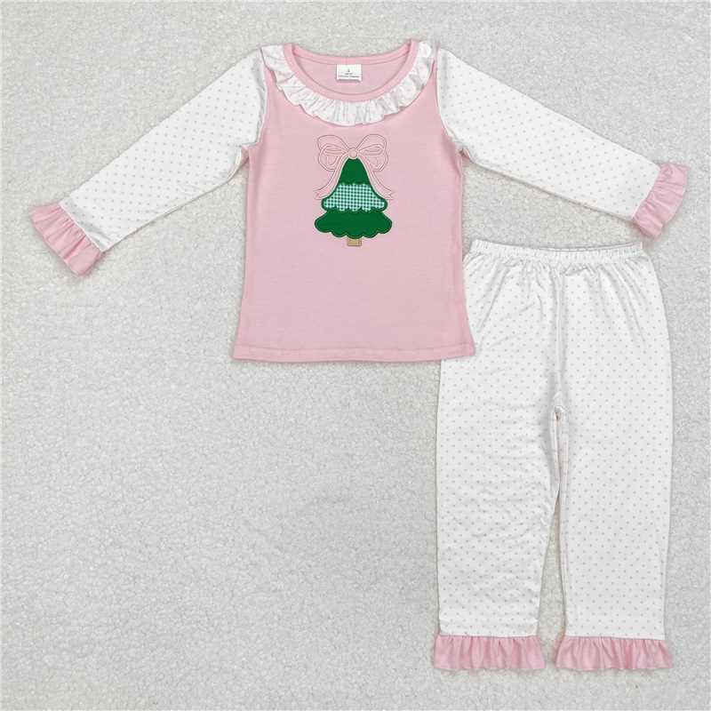 GLP1628 Embroidered Christmas tree bow polka dot lace pink and white long-sleeved trousers pajama set