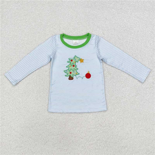 BT0809 Embroidered Christmas tree stripes blue and white long-sleeved top