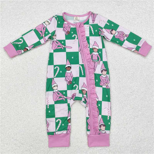 LR1818 Modal Christmas Elf Cane Lace Green and Pink Plaid Zipper Long Sleeve Bodysuit