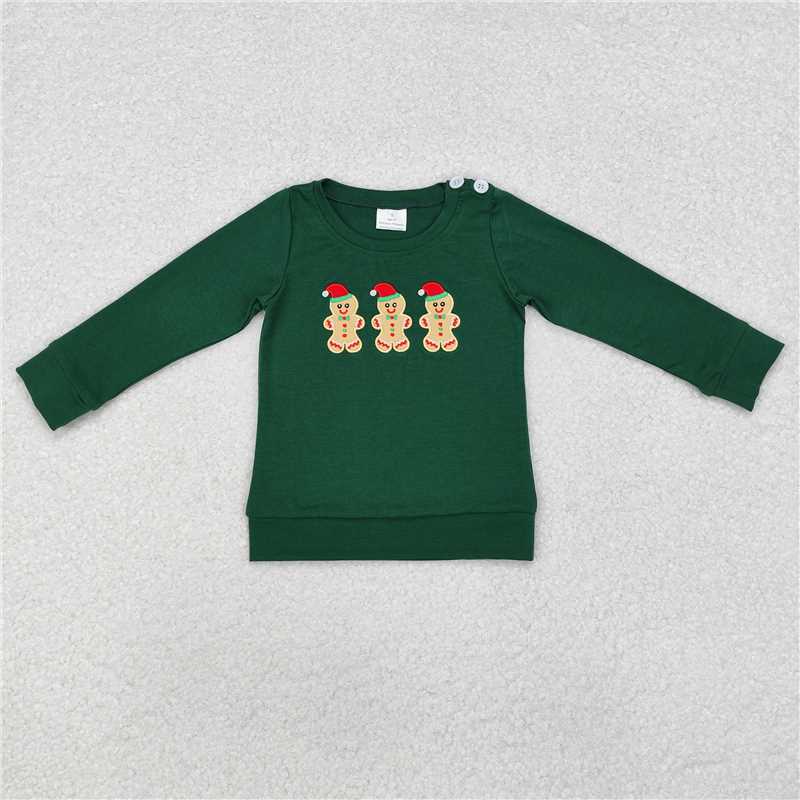 BT0817 Embroidered gingerbread man green long-sleeved top