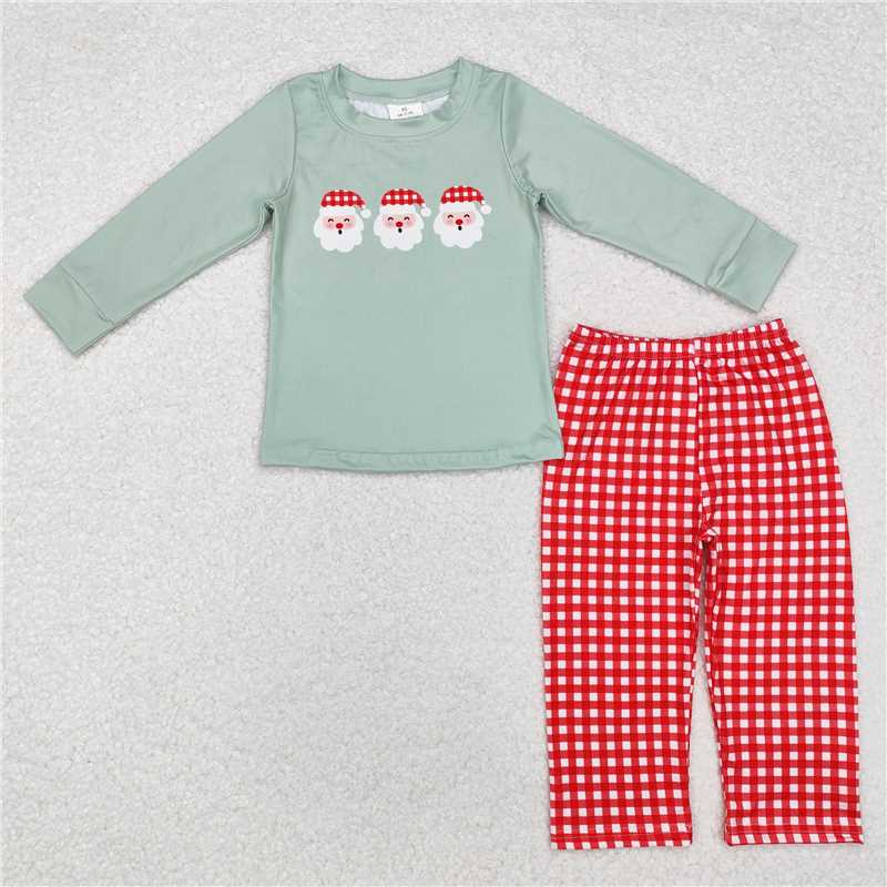 BLP0774 Santa Claus green long-sleeved top and red and white plaid trousers set