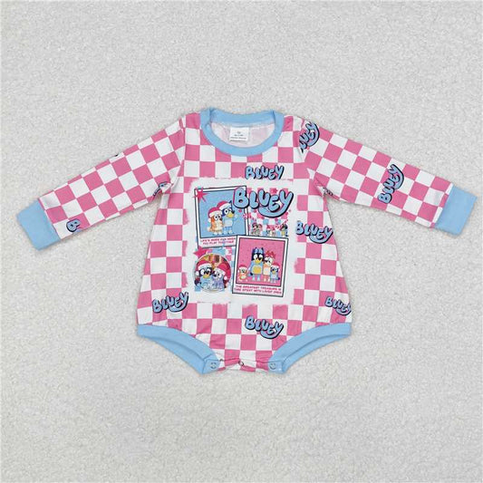 LR1764 bluey Christmas pink and white plaid long-sleeved jumpsuit