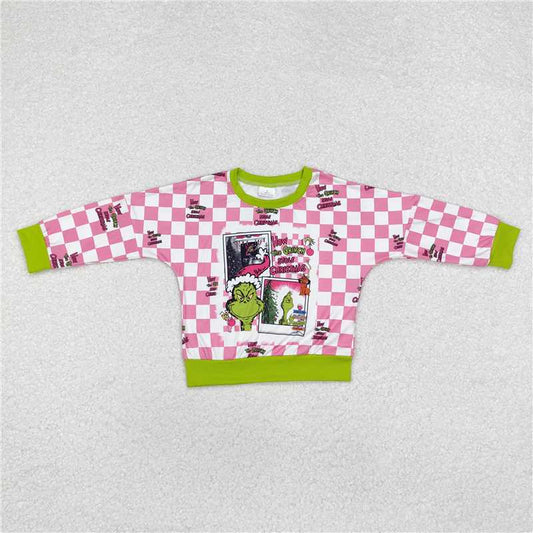 GT0733 Grinch Christmas pink and white plaid long-sleeved top