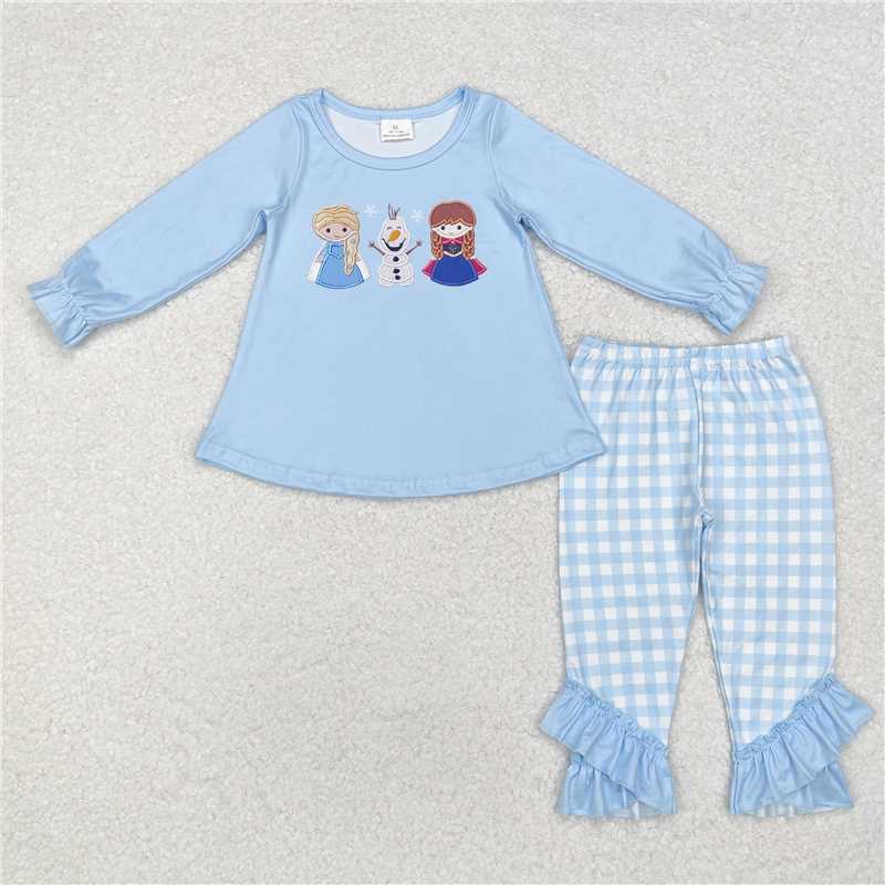 GLP1484 Frozen Princess Snowman Blue Long Sleeve Plaid Pants Set