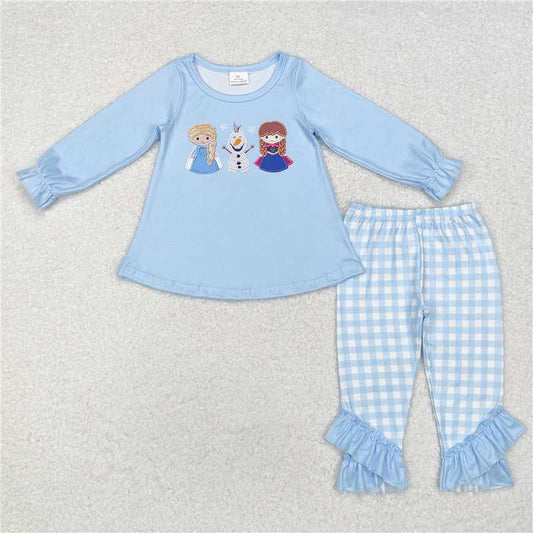 GLP1484 Frozen Princess Snowman Blue Long Sleeve Plaid Pants Set