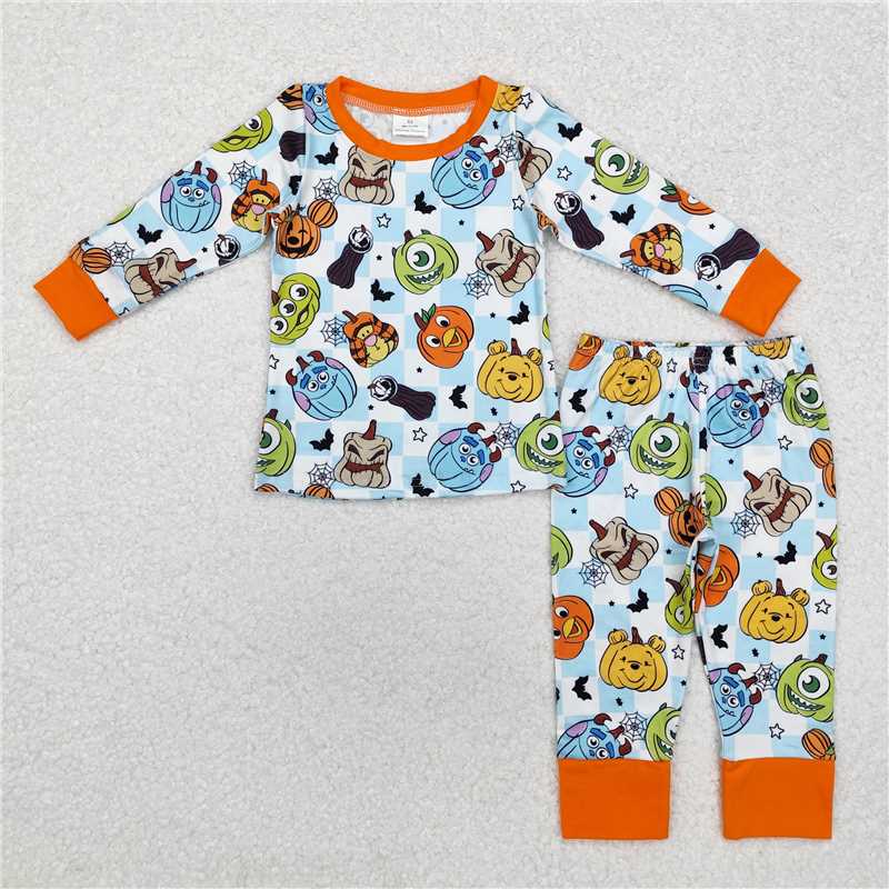 BLP0809 Halloween Monsters University orange-edged blue and white plaid long-sleeved trousers pajama set