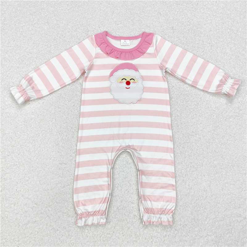 LR1662 Embroidered Santa Claus lace pink and white striped long-sleeved jumpsuit