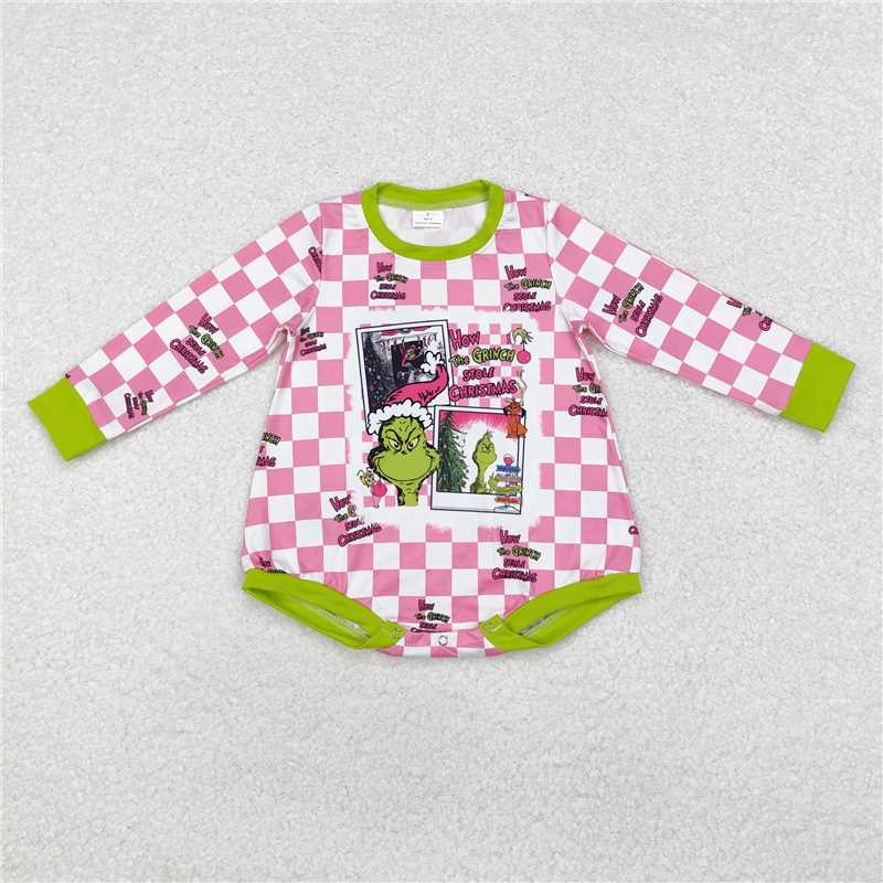 LR1765 Grinch Christmas pink and white plaid long-sleeved jumpsuit