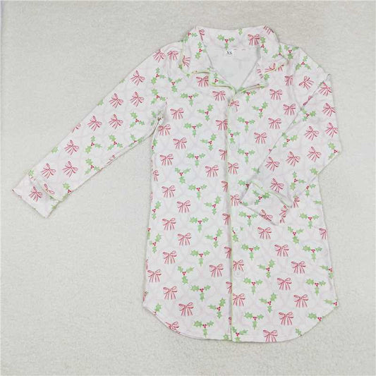GT0661 Adult female pink bow pattern leaf white long-sleeved top