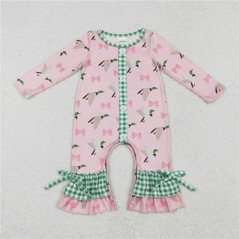 LR1689 Duck bow pattern green plaid pink long-sleeved jumpsuit